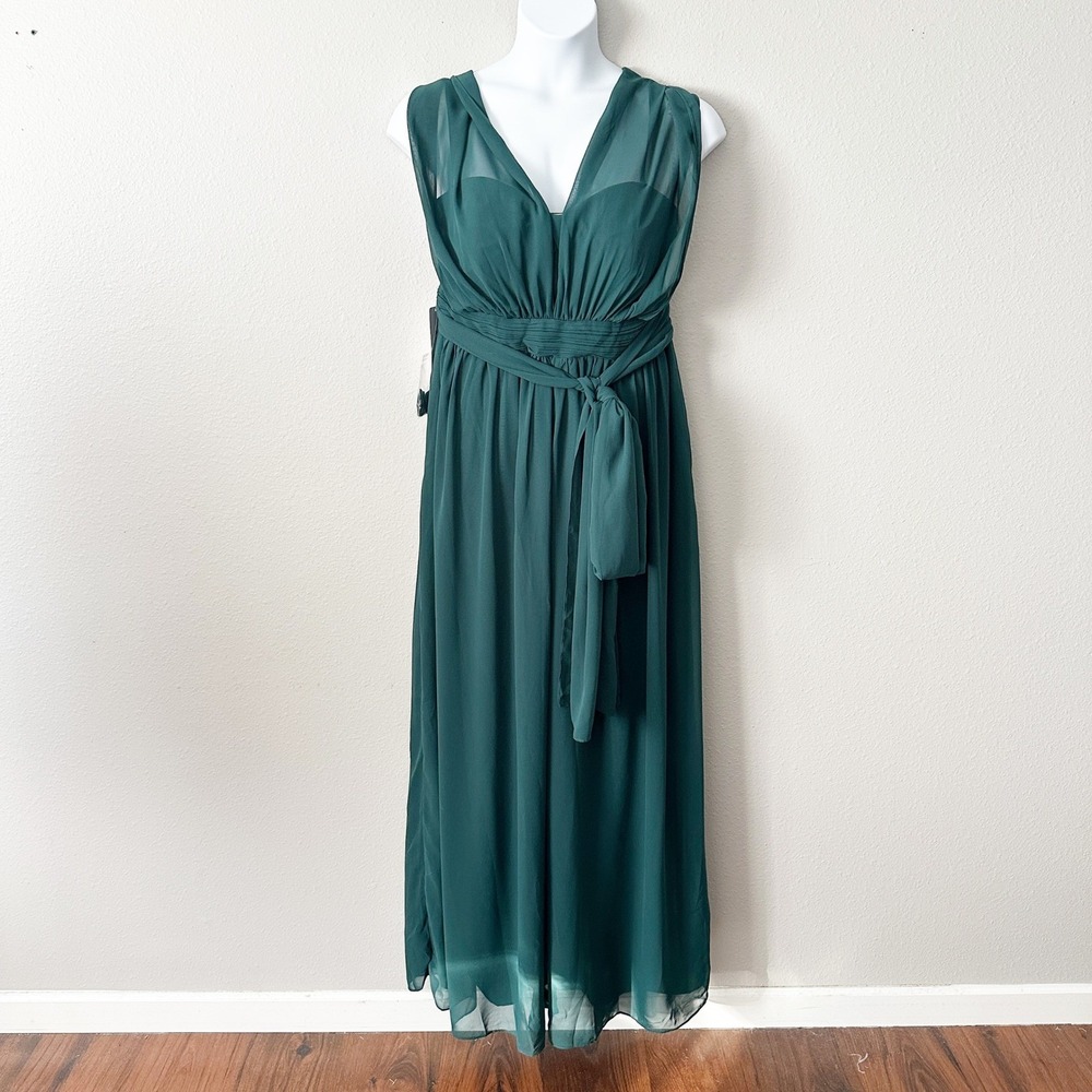 Azazie Lamara Pine‎ Green Chiffon Convertible Wide Leg Jumpsuit Size A16 - Picture 2 of 16